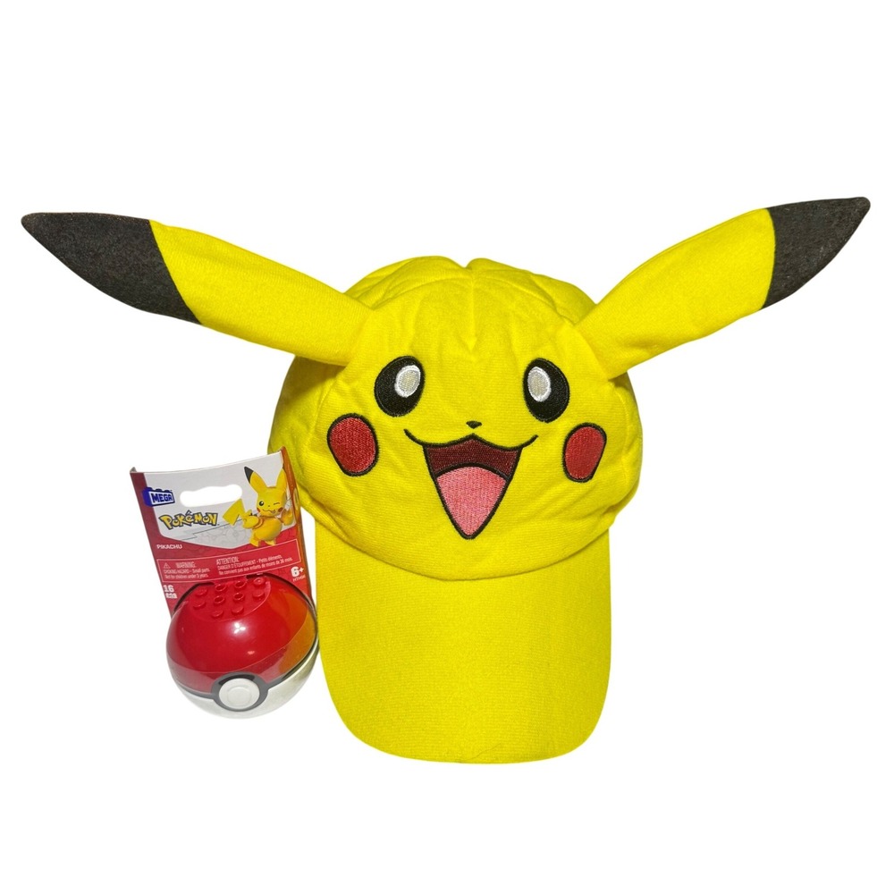Pokemon Pikachu Hat 3D Ears + MEGA HTH96 Poke Ball 16pc Building Set